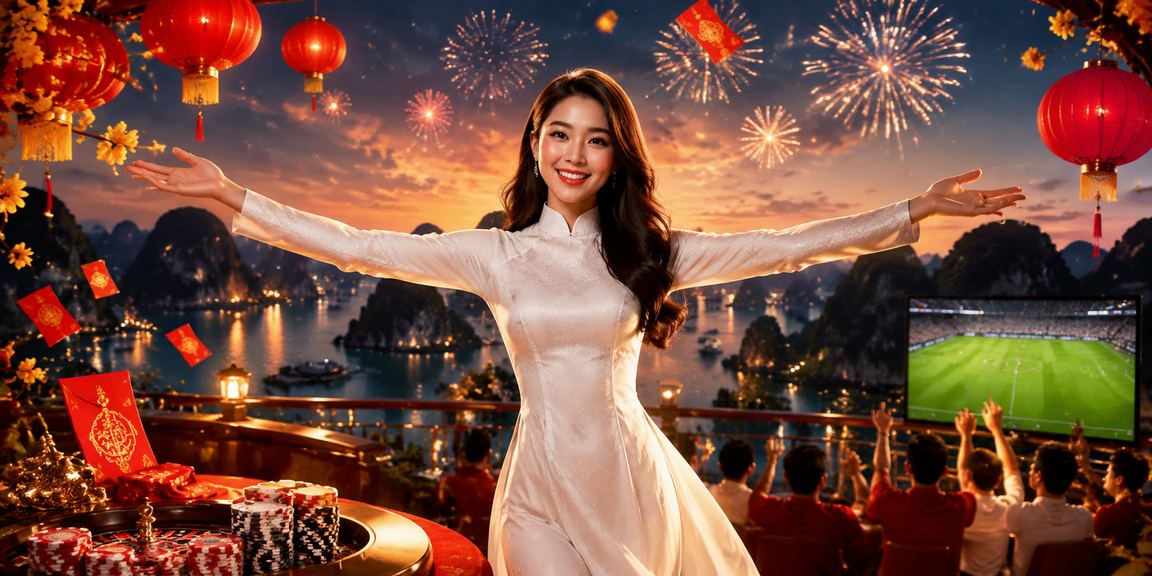 Khung cảnh vịnh Hạ Long với phong bao đỏ may mắn và trang phục áo dài trong không khí lễ hội