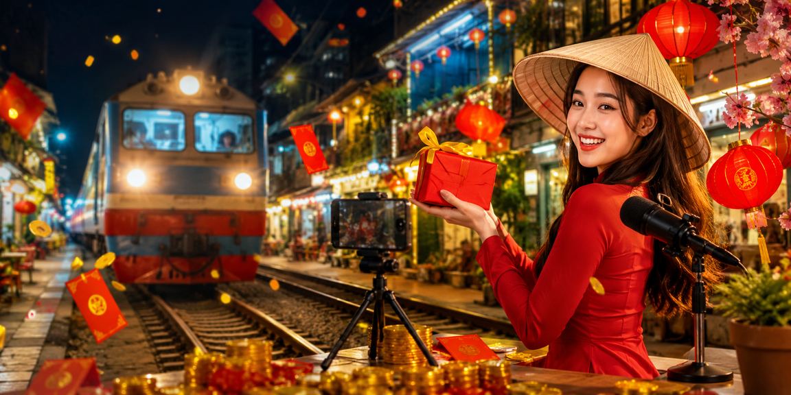 Không khí lễ hội Hà Nội với phong bao đỏ và nón lá truyền thống trong mùa thưởng